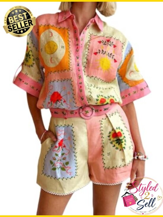 Other - Wuitrie Two Piece Short Set for Women Casual Short Sleeve Button Shirt Elastic